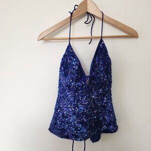 Y2K 90s Cache Luxe Blue Beaded Tank Top Medium 100% Silk Tie Back Halter